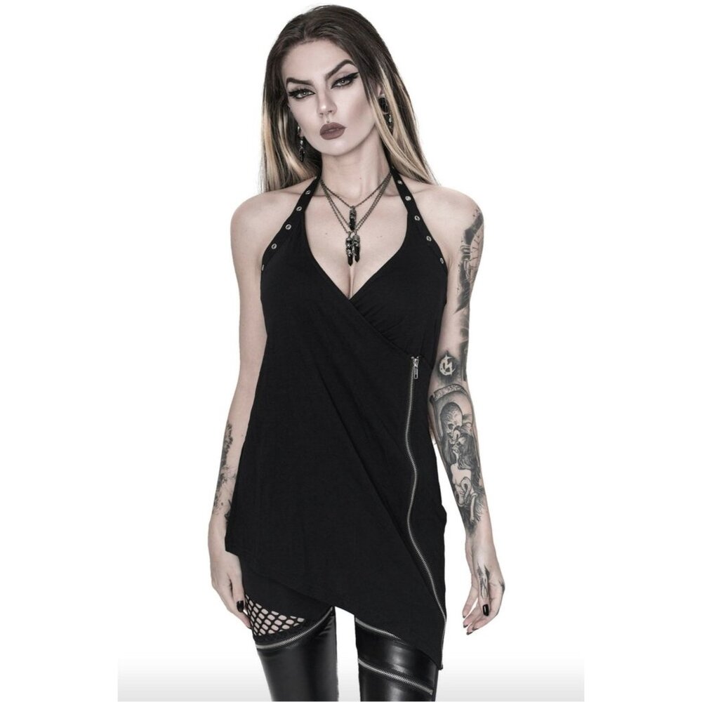 Killstar ✦ Shyanna Halter Tank Top ✦ Gothic Studded Zip Detail Black Altwear XS